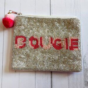 Silver Sparkle BOUGIE Beaded Pom-Pom Zippered Coin Money Storage Bag Pouch Purse